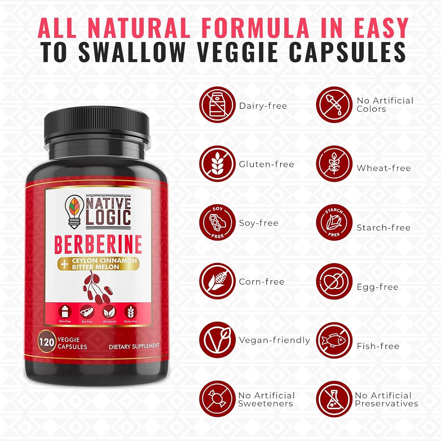 Berberine HCL 1200mg Capsules with Ceylon Cinnamon, Bitter Melon & Green Tea - Supports Cardiovascular, GI Health & Immune System (120 ct)