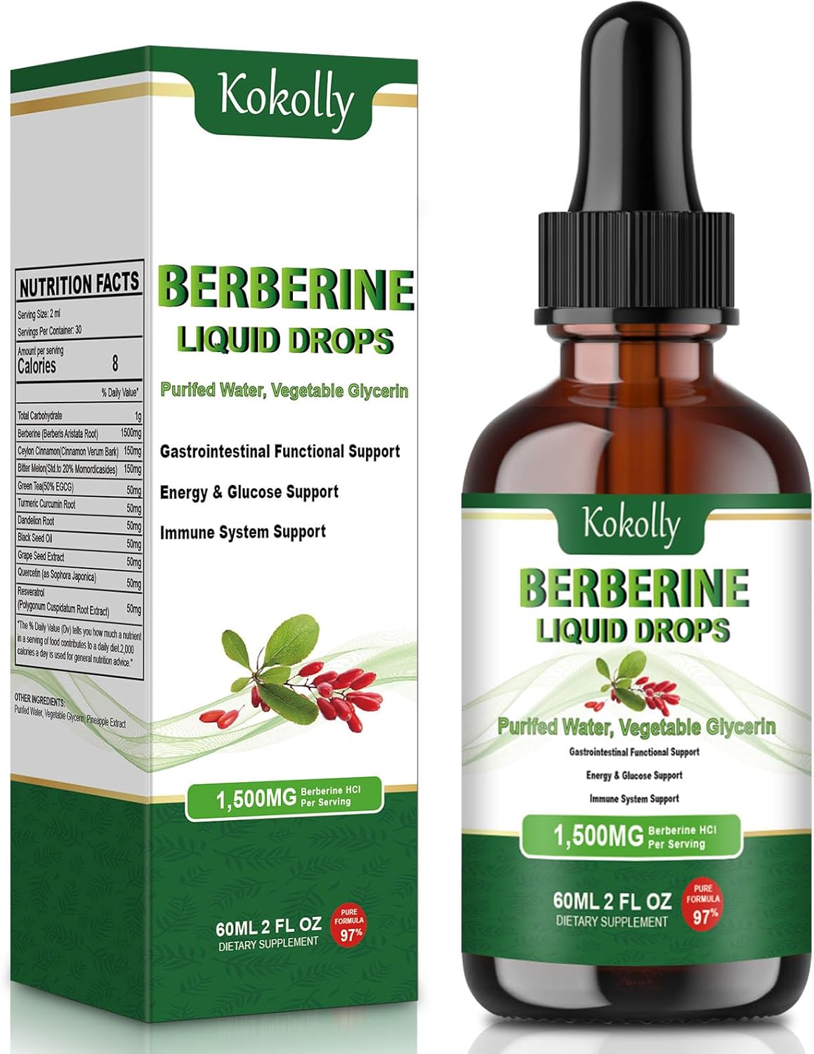 Berberine HCL Liquid Drops - 1500mg Supplement with Ceylon Cinnamon, Turmeric, Bitter Melon, Green Tea - Supports Metabolism, Immune System, Gut Health - 2 FL Oz - BoostGo Australia