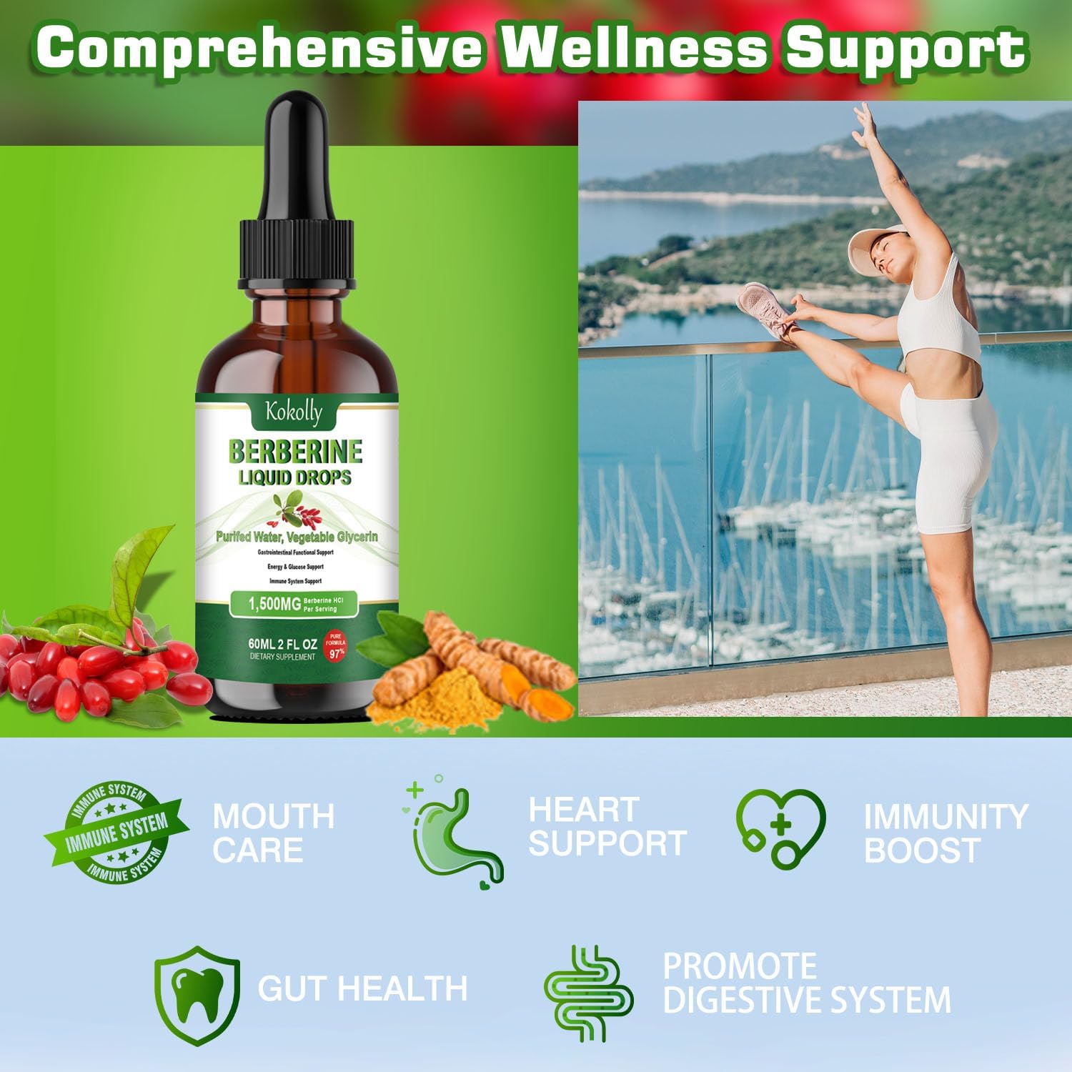 Berberine HCL Liquid Drops - 1500mg Supplement with Ceylon Cinnamon, Turmeric, Bitter Melon, Green Tea - Supports Metabolism, Immune System, Gut Health - 2 FL Oz - BoostGo Australia