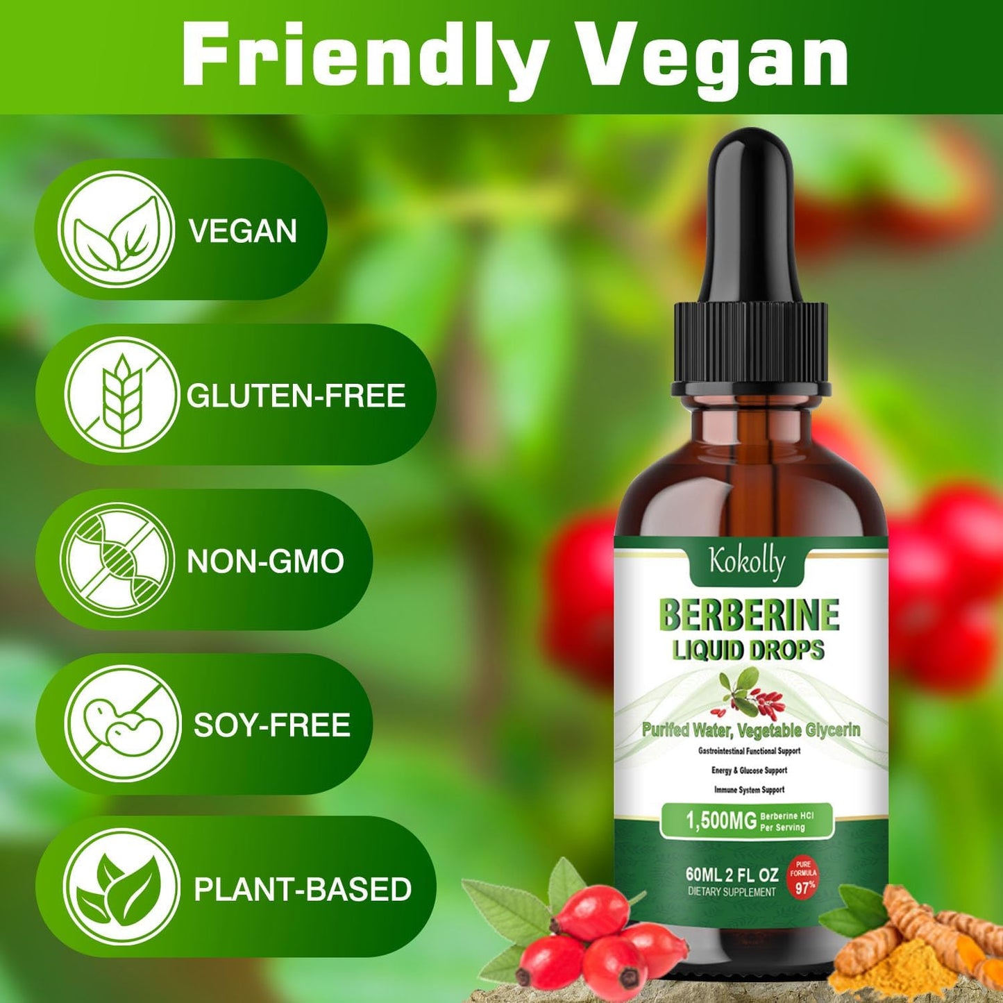 Berberine HCL Liquid Drops - 1500mg Supplement with Ceylon Cinnamon, Turmeric, Bitter Melon, Green Tea - Supports Metabolism, Immune System, Gut Health - 2 FL Oz - BoostGo Australia