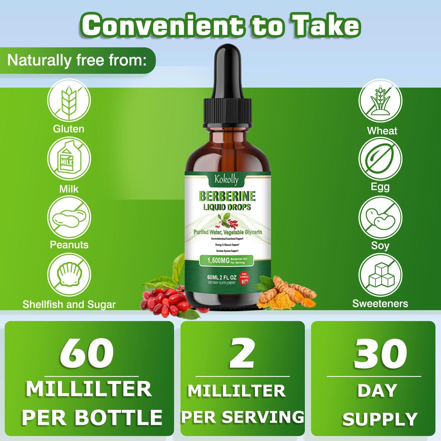 Berberine HCL Liquid Drops - 1500mg Supplement with Ceylon Cinnamon, Turmeric, Bitter Melon, Green Tea - Supports Metabolism, Immune System, Gut Health - 2 FL Oz - BoostGo Australia