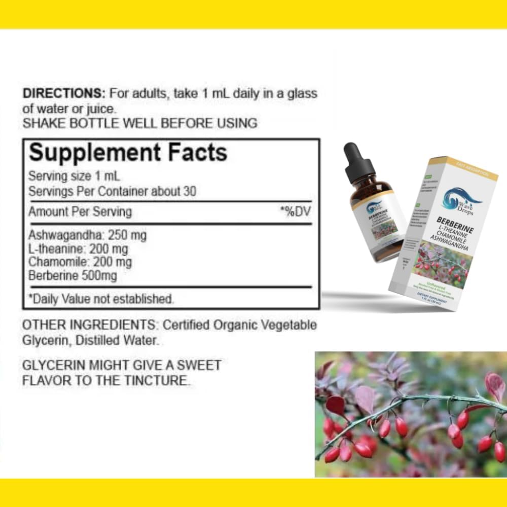 Berberine, L-Theanine, Chamomile, Ashwagandha Liquid Drops for Overall Well-Being - Natural Ingredients - 1 Fl Oz