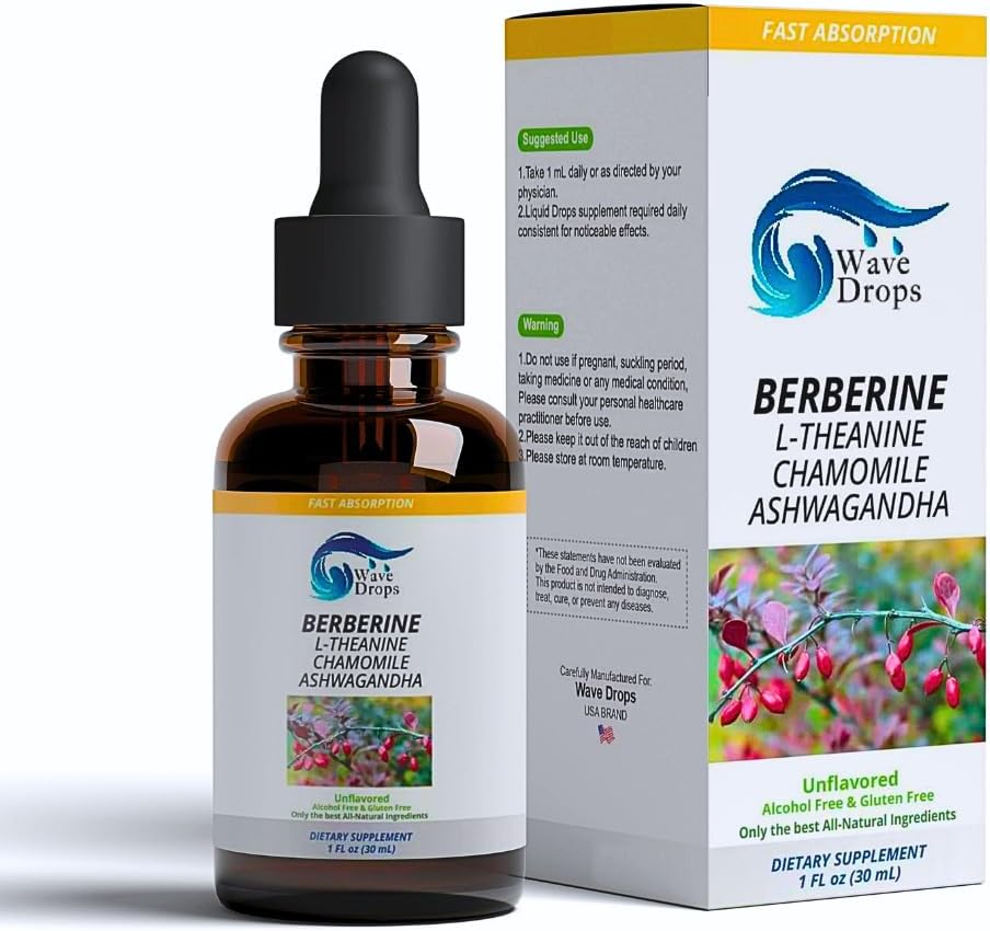 Berberine, L-Theanine, Chamomile, Ashwagandha Liquid Drops for Overall Well-Being - Natural Ingredients - 1 Fl Oz