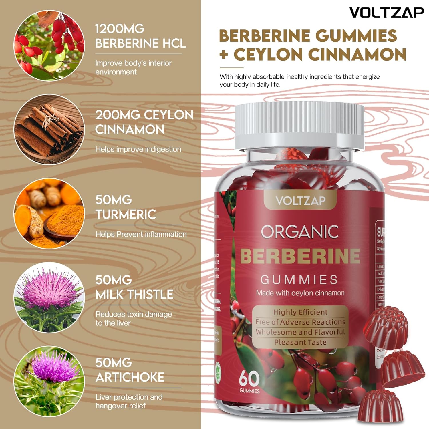 Berberine Supplement Gummies 1200mg with Ceylon Cinnamon, Turmeric, Milk Thistle, Artichoke - Vegan Raspberry Flavor - 60 Count