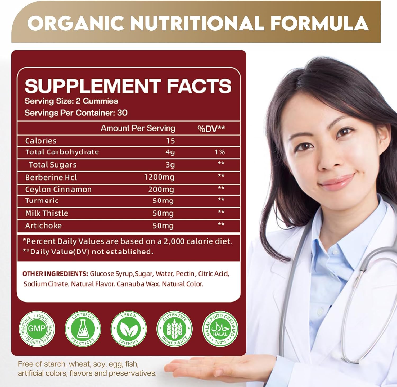 Berberine Supplement Gummies 1200mg with Ceylon Cinnamon, Turmeric, Milk Thistle, Artichoke - Vegan Raspberry Flavor - 60 Count