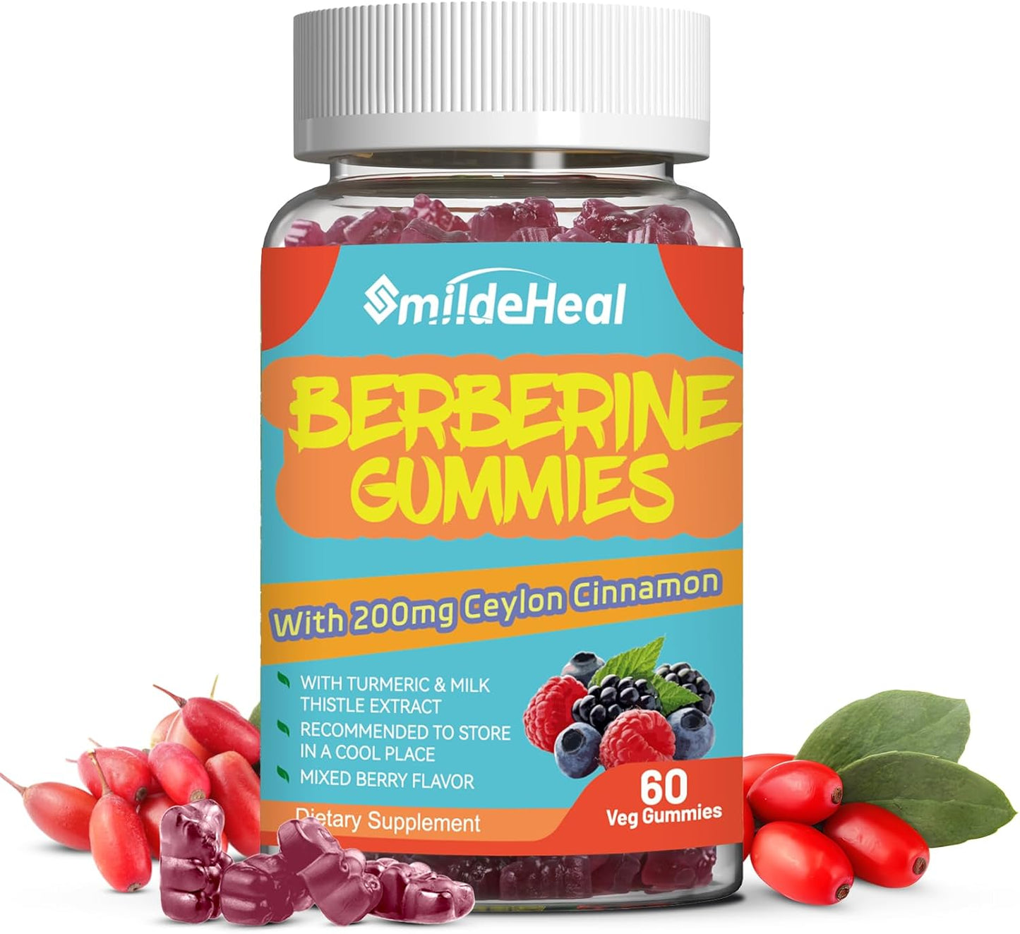 Berberine Supplement Gummies with Ceylon Cinnamon and Turmeric - 1200mg Extract for Liver Support - 60 Count