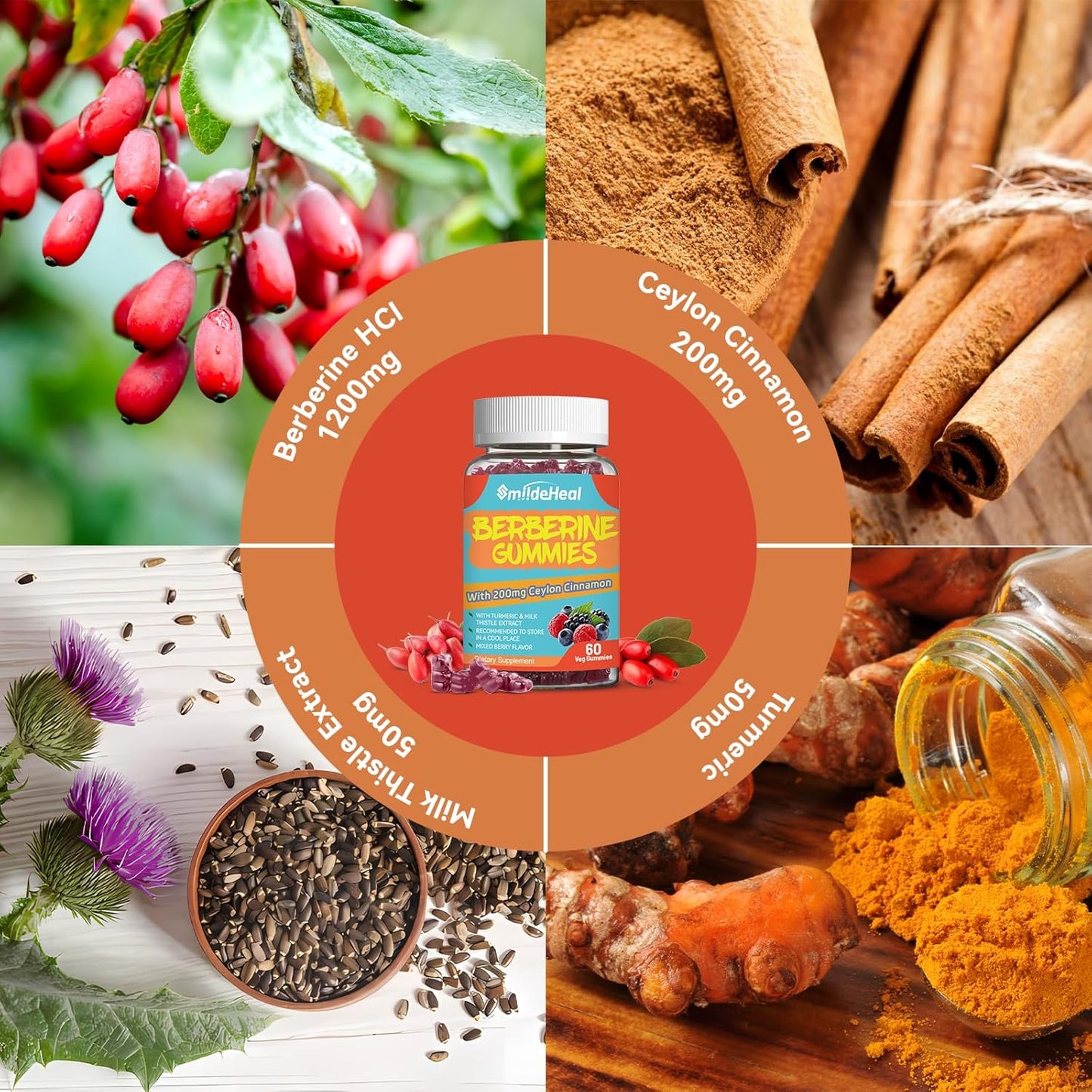 Berberine Supplement Gummies with Ceylon Cinnamon and Turmeric - 1200mg Extract for Liver Support - 60 Count