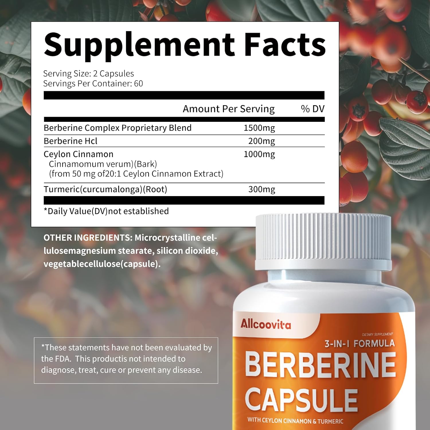 Berberine Supplement with 1500mg Per Serving - 120 Capsules with Pure Ceylon Cinnamon - Root Pills for Berberine HCI - High Strength Berberine Plus