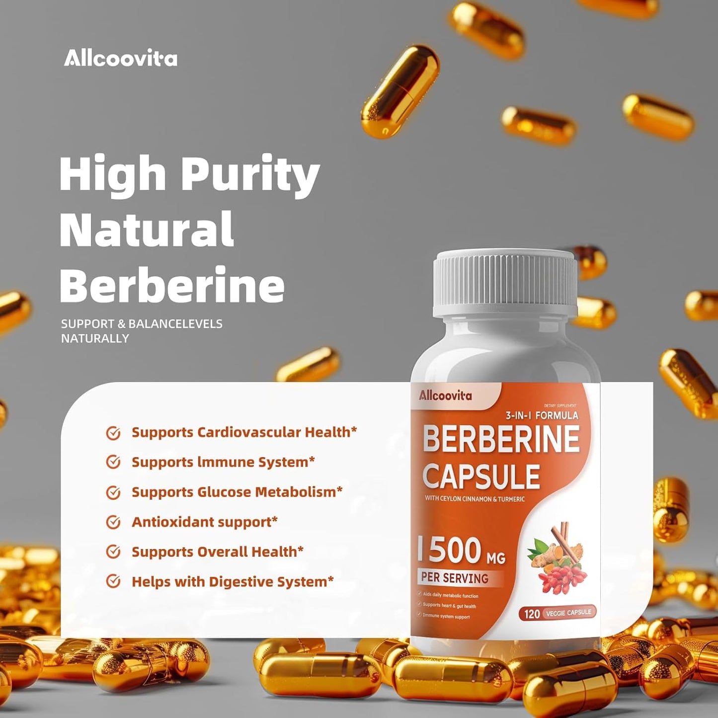 Berberine Supplement with 1500mg Per Serving - 120 Capsules with Pure Ceylon Cinnamon - Root Pills for Berberine HCI - High Strength Berberine Plus