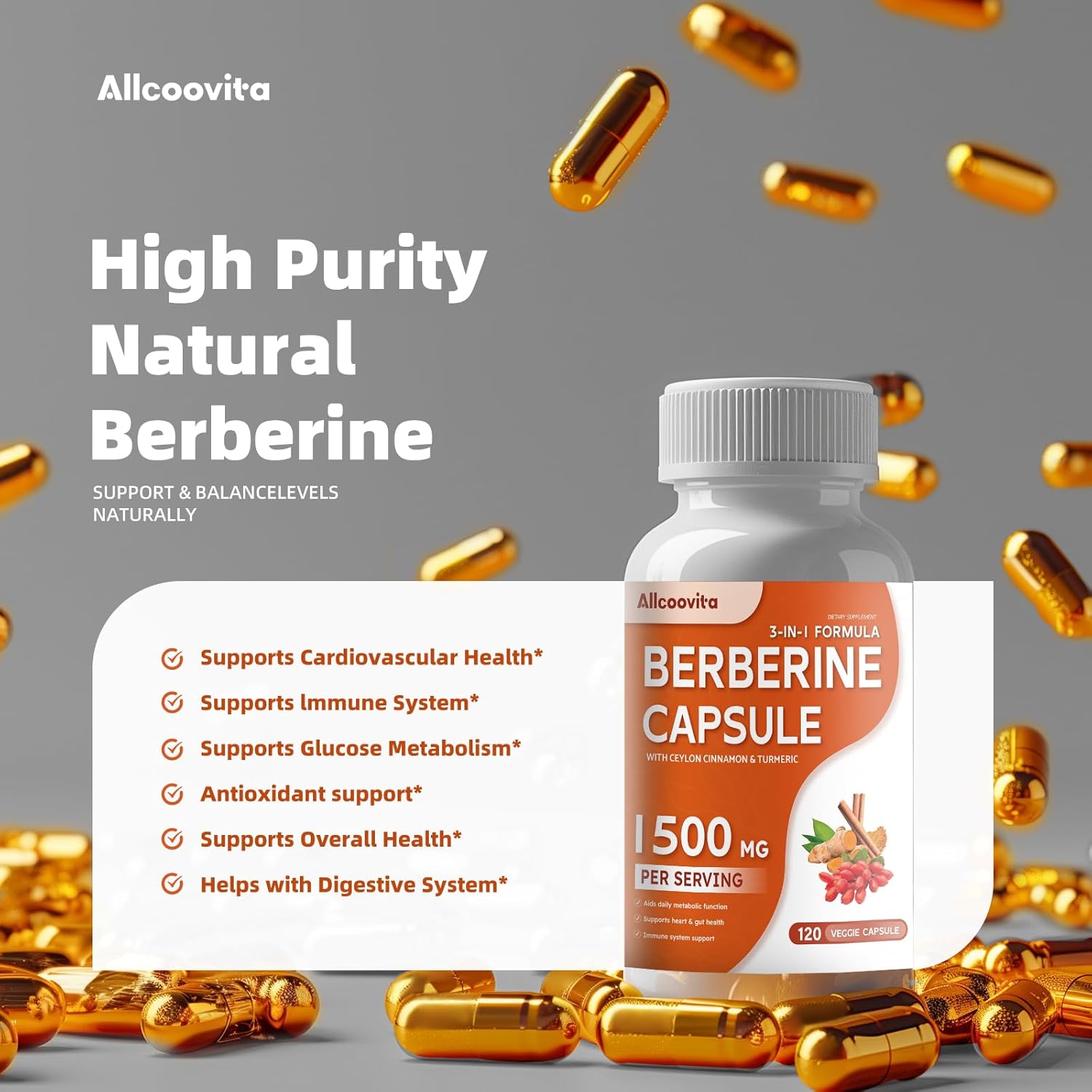 Berberine Supplement with 1500mg Per Serving - 120 Capsules with Pure Ceylon Cinnamon - Root Pills for Berberine HCI - High Strength Berberine Plus