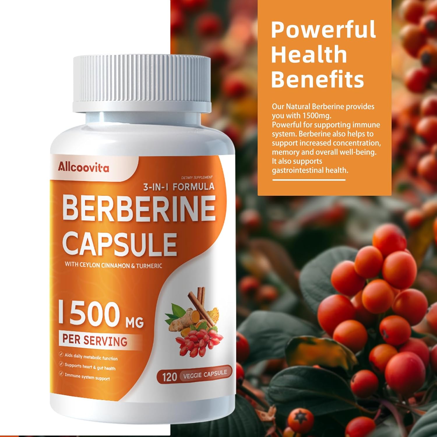Berberine Supplement with 1500mg Per Serving - 120 Capsules with Pure Ceylon Cinnamon - Root Pills for Berberine HCI - High Strength Berberine Plus
