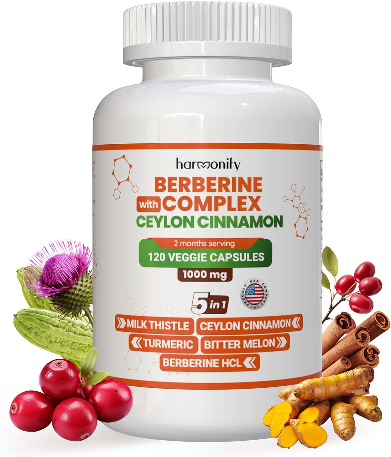 Berberine Supplement with Ceylon Cinnamon, Milk Thistle, Turmeric & Bitter Melon - Immune Support - 120 Capsules, 1000mg - Vegan & Non-GMO