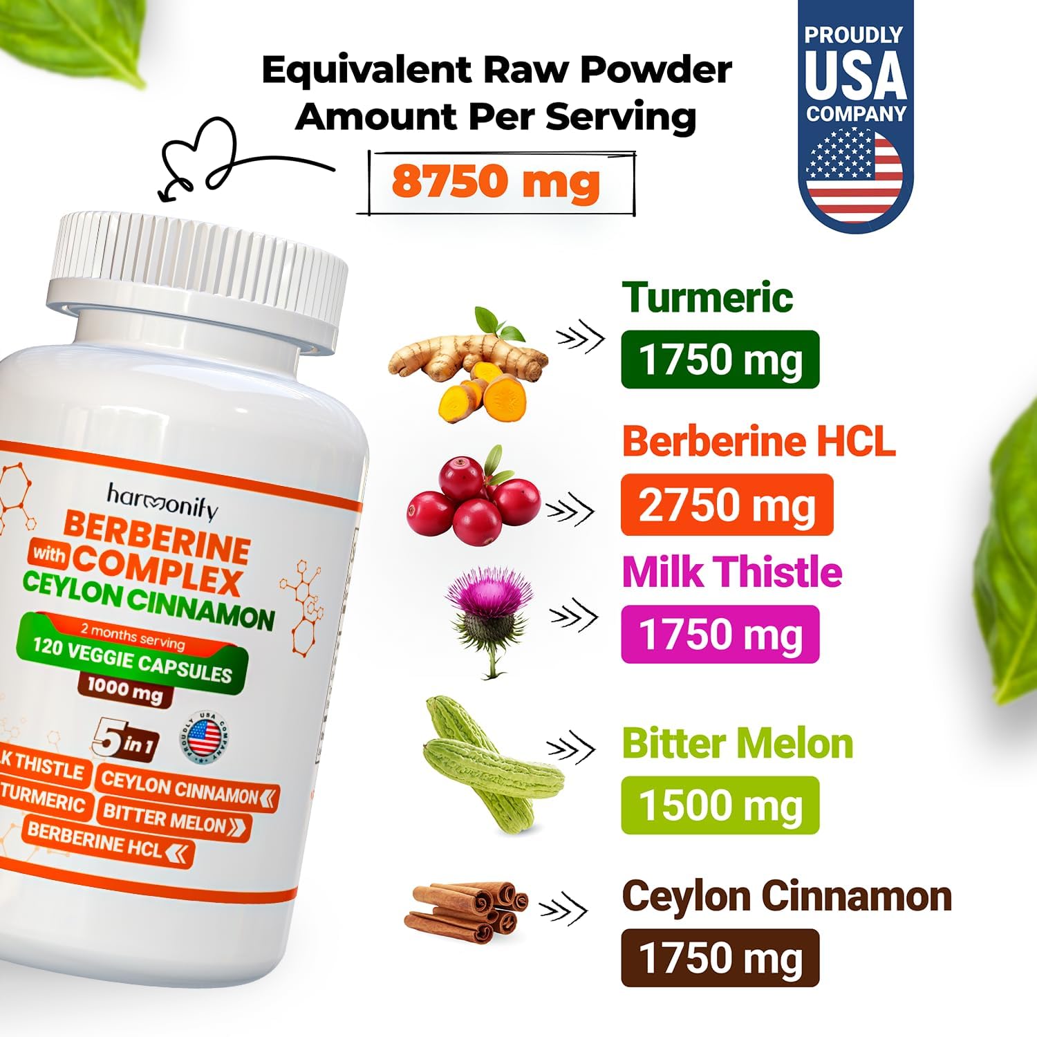 Berberine Supplement with Ceylon Cinnamon, Milk Thistle, Turmeric & Bitter Melon - Immune Support - 120 Capsules, 1000mg - Vegan & Non-GMO