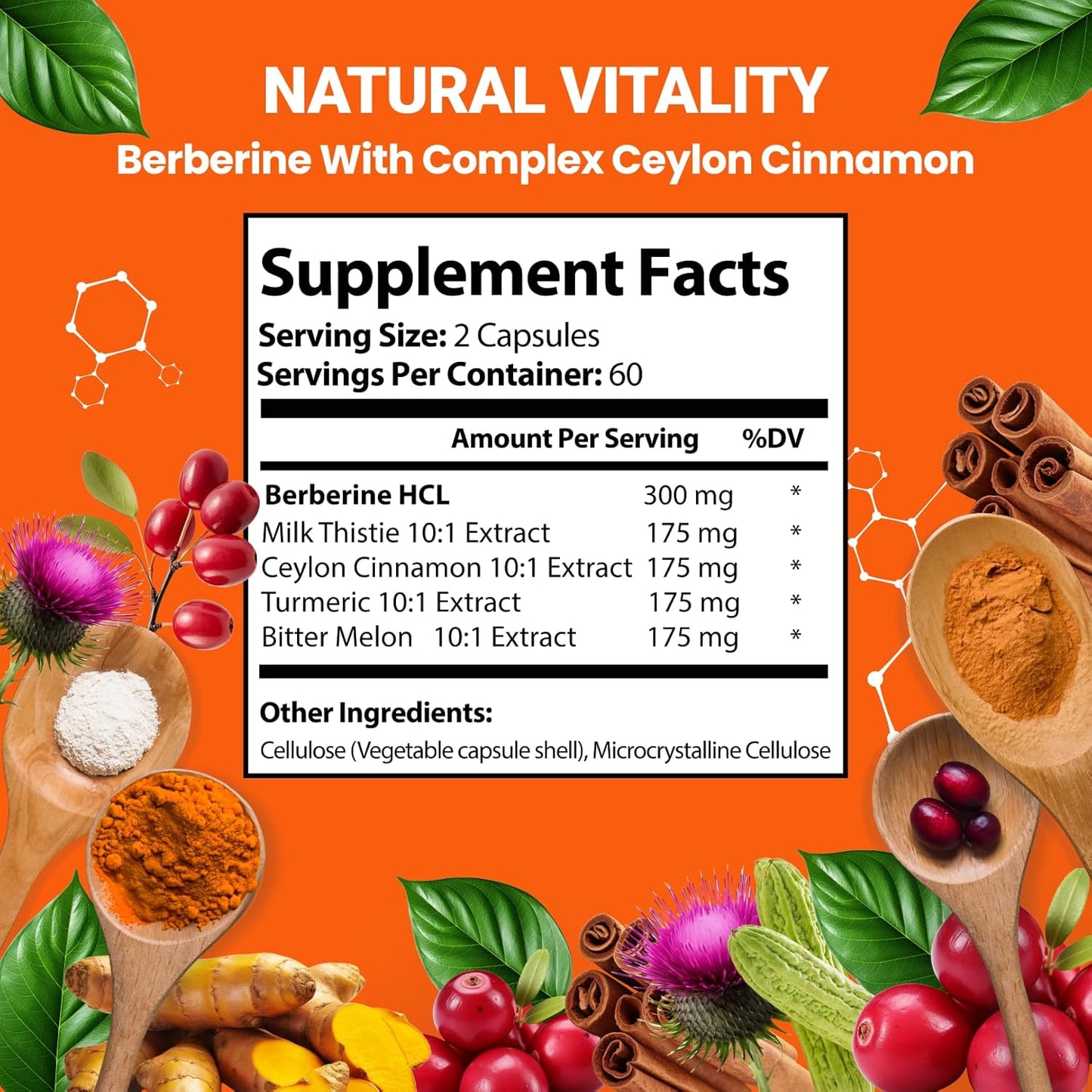 Berberine Supplement with Ceylon Cinnamon, Milk Thistle, Turmeric & Bitter Melon - Immune Support - 120 Capsules, 1000mg - Vegan & Non-GMO