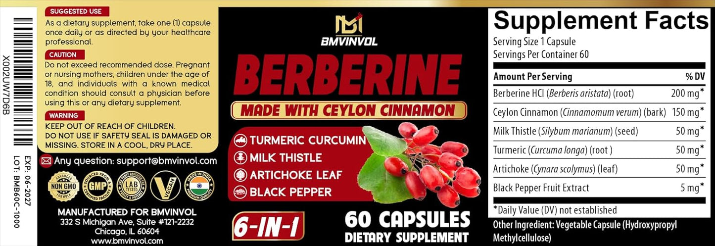 Berberine with Ceylon Cinnamon, Turmeric, Milk Thistle, Artichoke, Black Pepper - 60 Capsules - BoostGo Australia