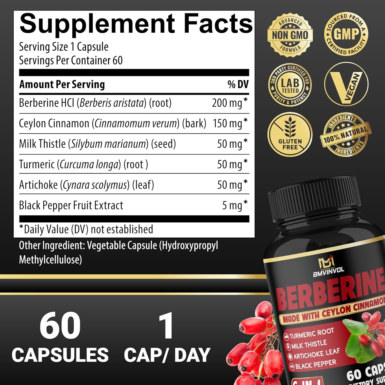 Berberine with Ceylon Cinnamon, Turmeric, Milk Thistle, Artichoke, Black Pepper - 60 Capsules - BoostGo Australia