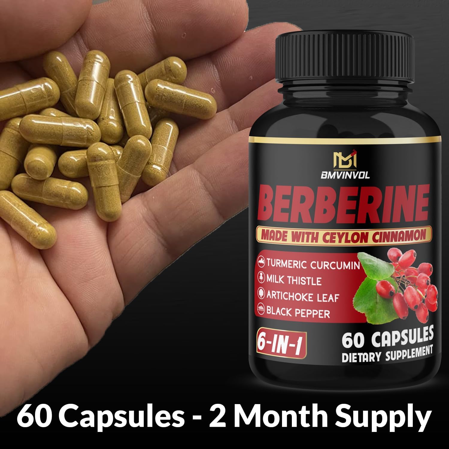 Berberine with Ceylon Cinnamon, Turmeric, Milk Thistle, Artichoke, Black Pepper - 60 Capsules - BoostGo Australia