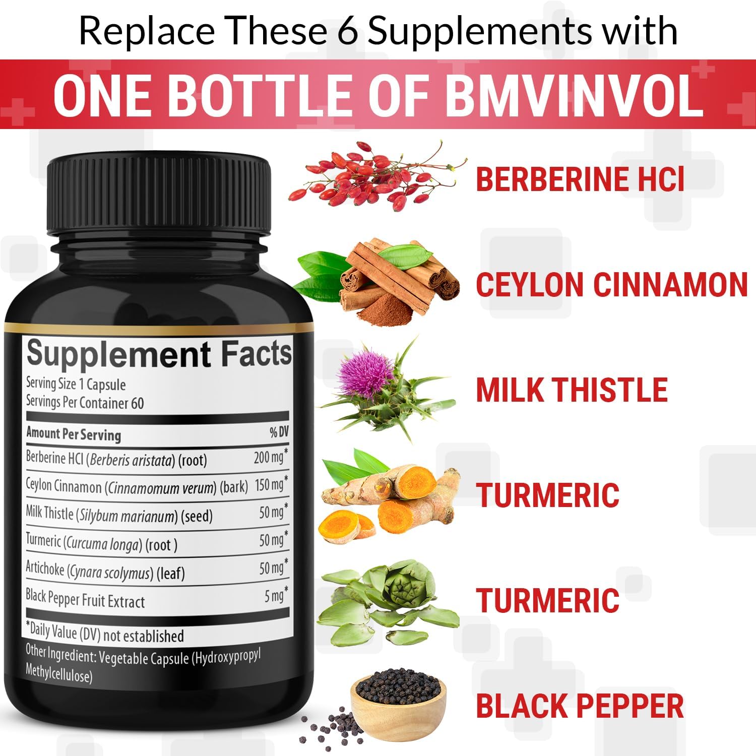 Berberine with Ceylon Cinnamon, Turmeric, Milk Thistle, Artichoke, Black Pepper - 60 Capsules - BoostGo Australia