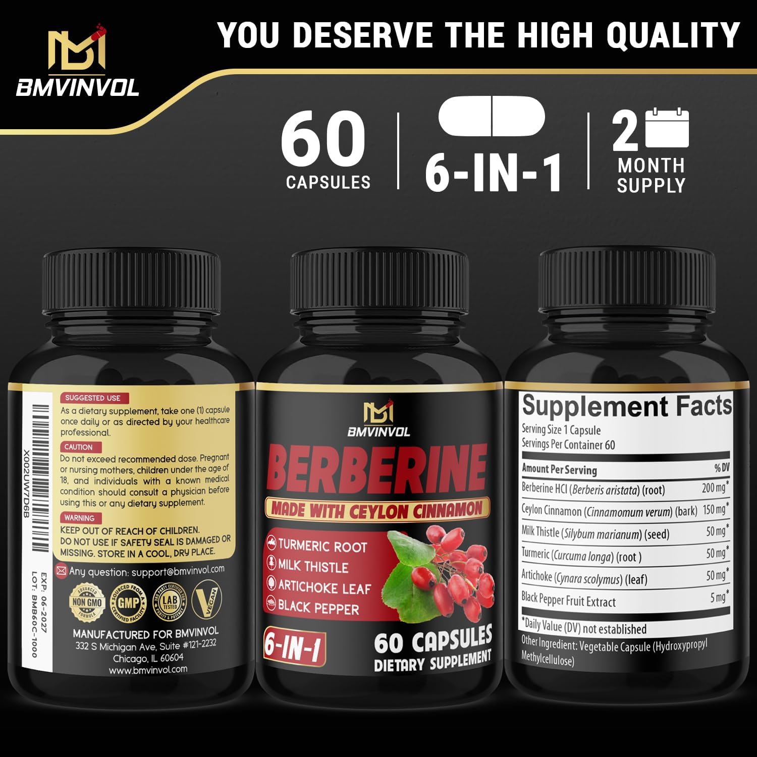 Berberine with Ceylon Cinnamon, Turmeric, Milk Thistle, Artichoke, Black Pepper - 60 Capsules - BoostGo Australia