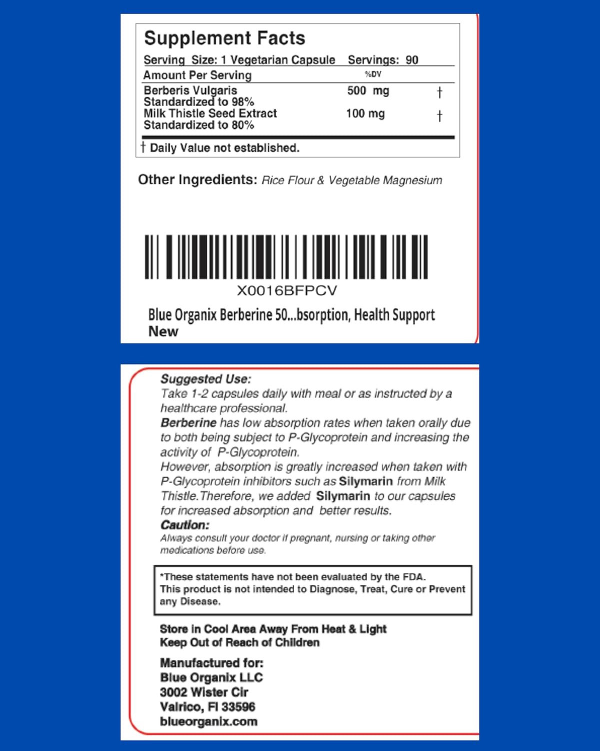 Berberine with Milk Thistle 500mg Formula HCL Complex Supplement, 90 Vegetarian Capsules for Overall Health Support