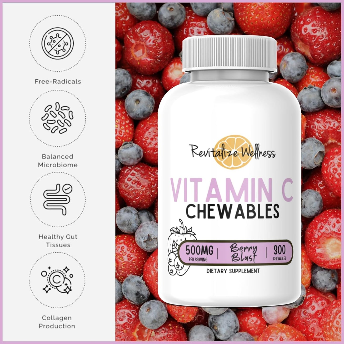 Berry Blast Flavor Vitamin C Chewables - 500 mg Ascorbic Acid - 60 Servings for Revitalized Wellness