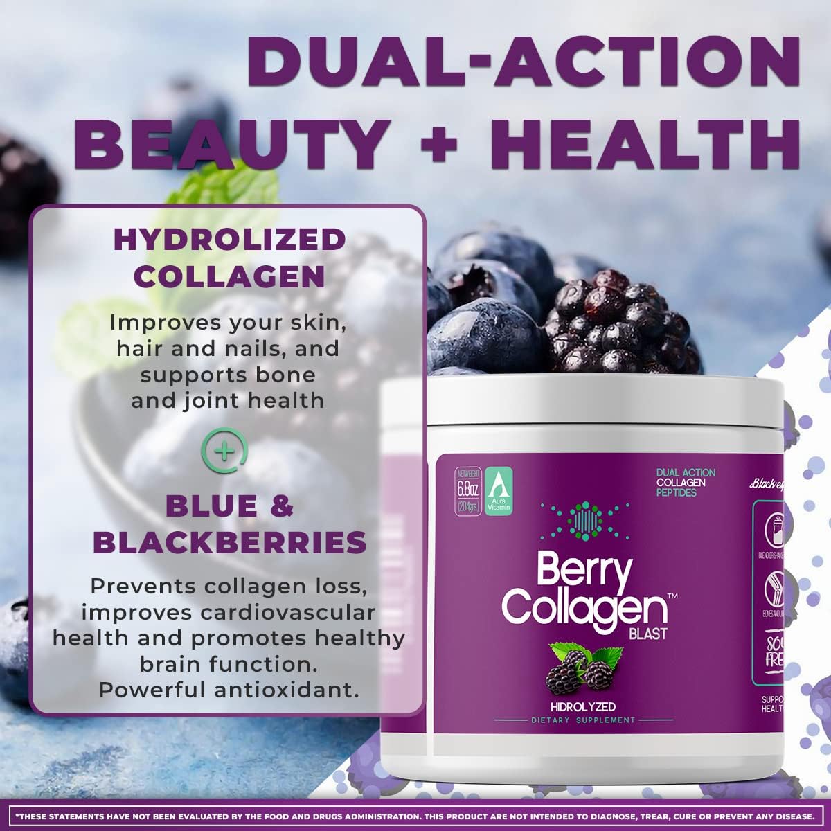 Berry Collagen Blast Powder for Hair, Skin, Nails, Joints, and Gut | Grass Fed Collagen Peptides | 204g