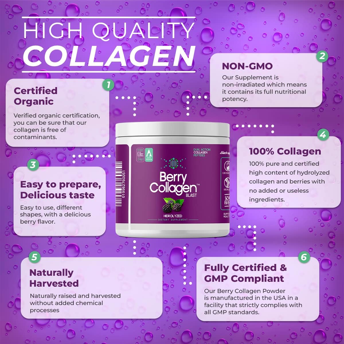 Berry Collagen Blast Powder for Hair, Skin, Nails, Joints, and Gut | Grass Fed Collagen Peptides | 204g