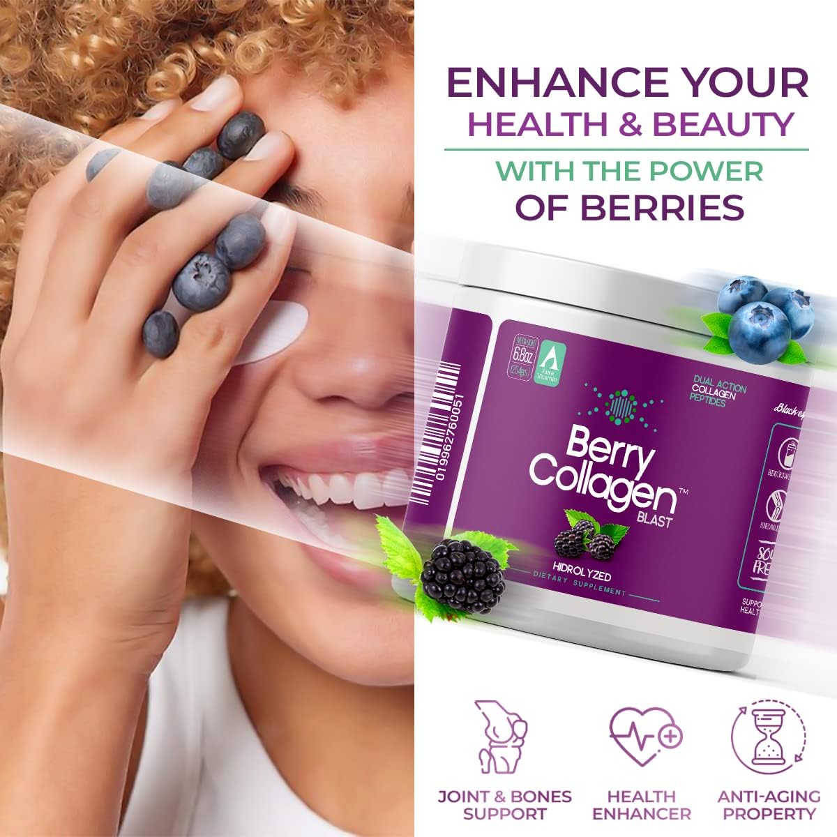 Berry Collagen Blast Powder for Hair, Skin, Nails, Joints, and Gut | Grass Fed Collagen Peptides | 204g