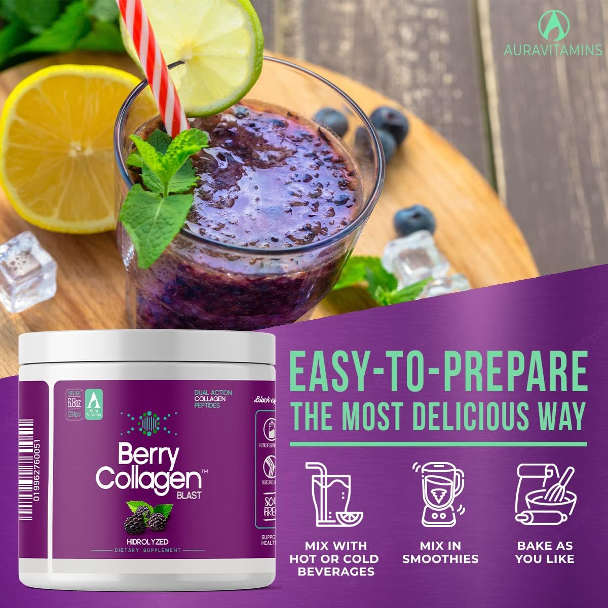 Berry Collagen Blast Powder for Hair, Skin, Nails, Joints, and Gut | Grass Fed Collagen Peptides | 204g