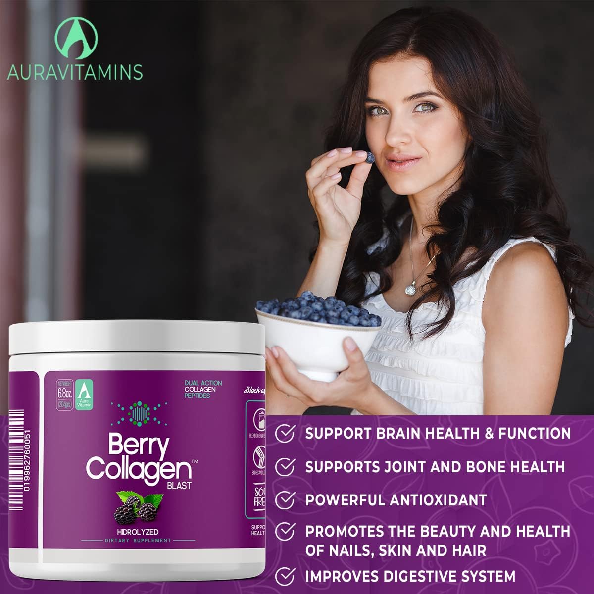 Berry Collagen Blast Powder for Hair, Skin, Nails, Joints, and Gut | Grass Fed Collagen Peptides | 204g