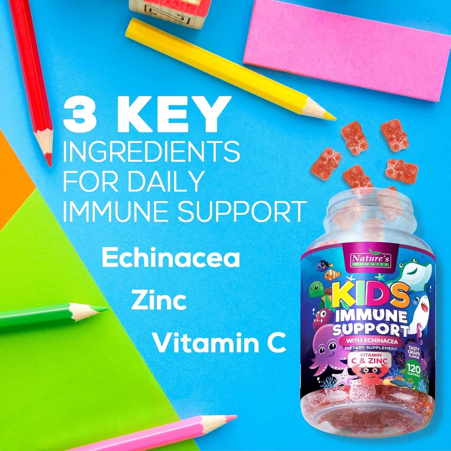 Berry Flavor Kids Immune Support Gummies with Echinacea, Zinc & Vitamin C - Non-GMO, Gluten-Free, Vegan Children's Vitamins - 120 Gummies