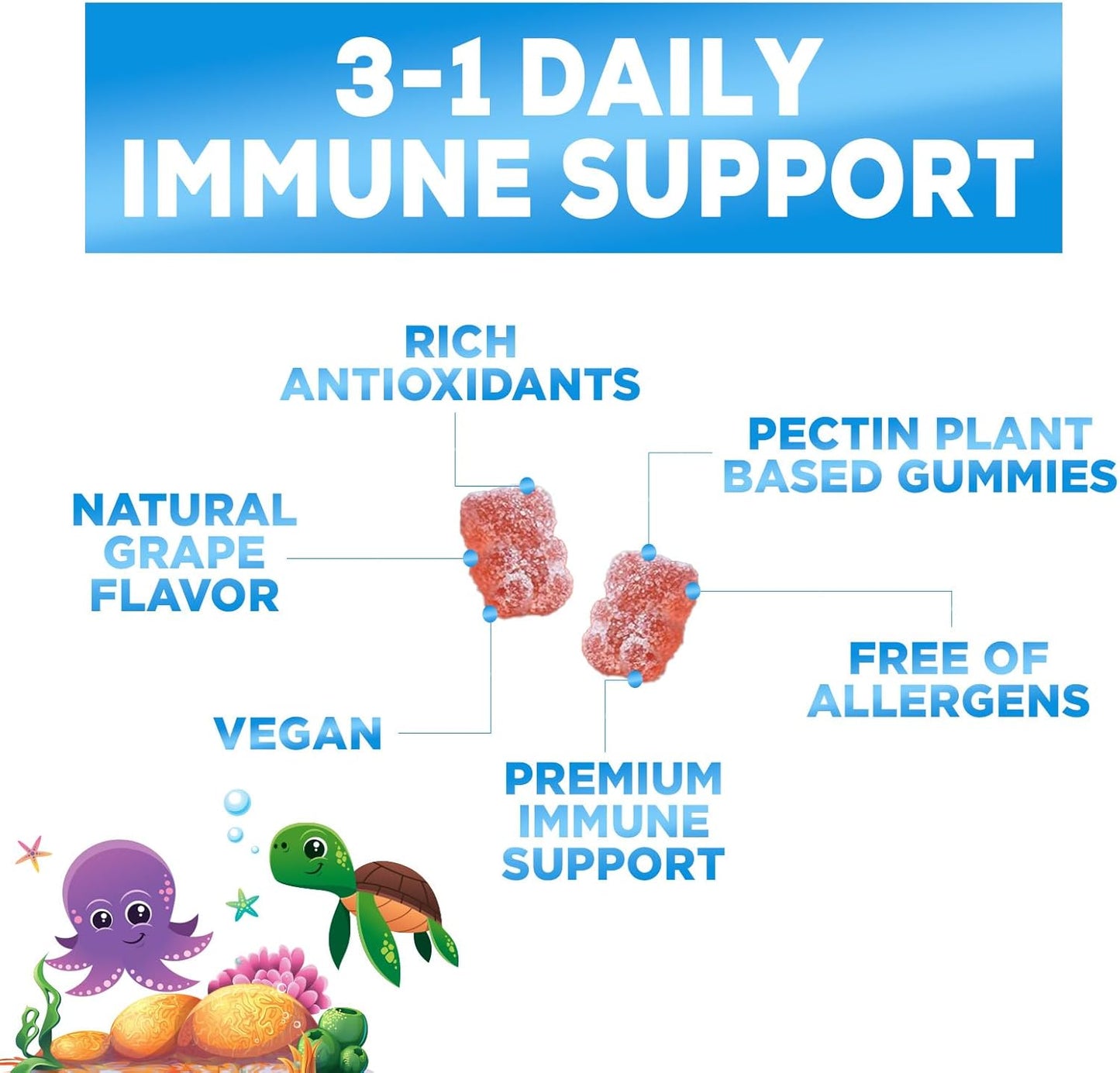 Berry Flavor Kids Immune Support Gummies with Echinacea, Zinc & Vitamin C - Non-GMO, Gluten-Free, Vegan Children's Vitamins - 120 Gummies