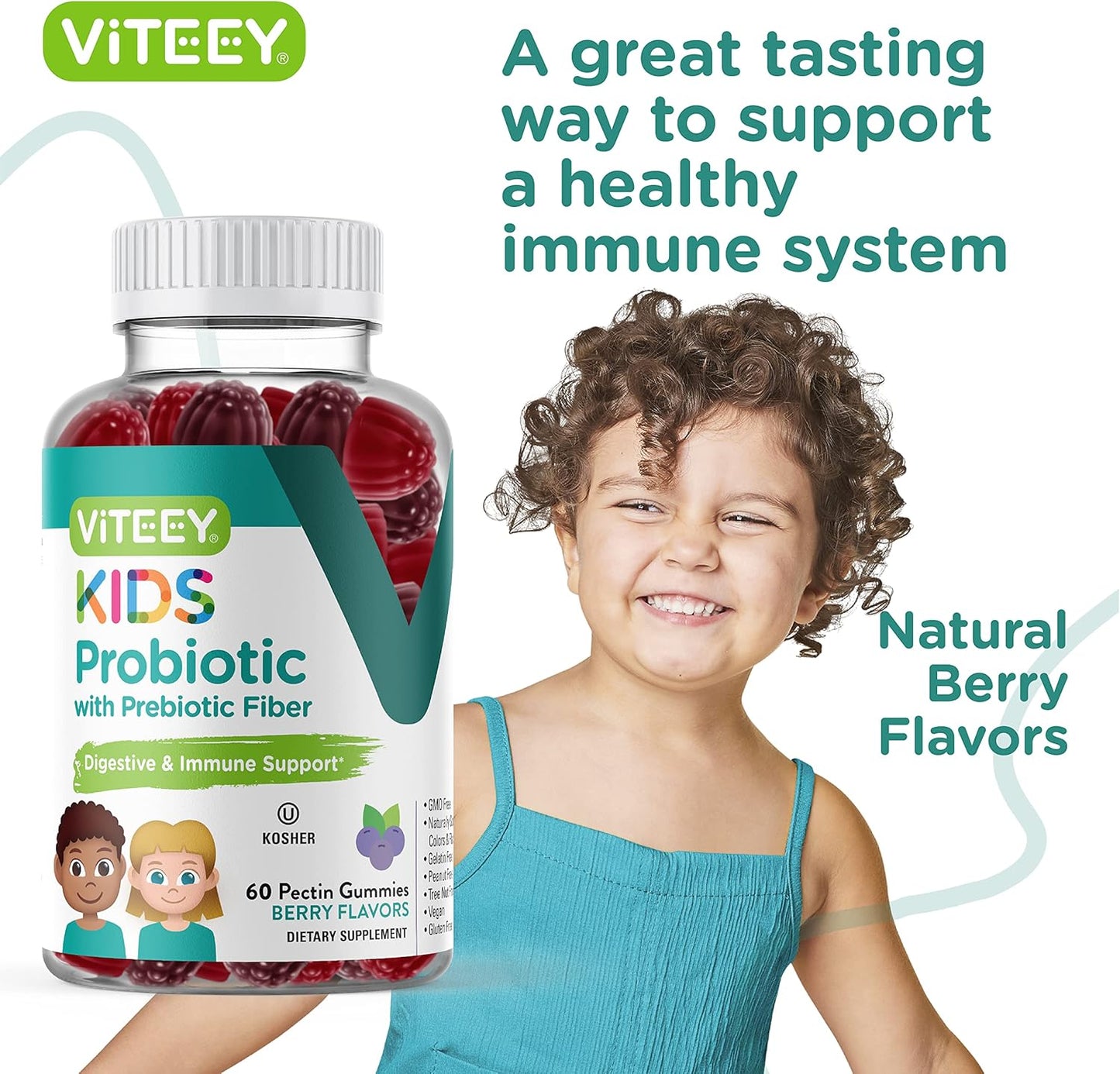 Berry Flavored Probiotic Gummies for Kids with Prebiotics Fiber - 2 Billion CFUs - Vegan, Gelatin Free - Digestive & Gut Health Support