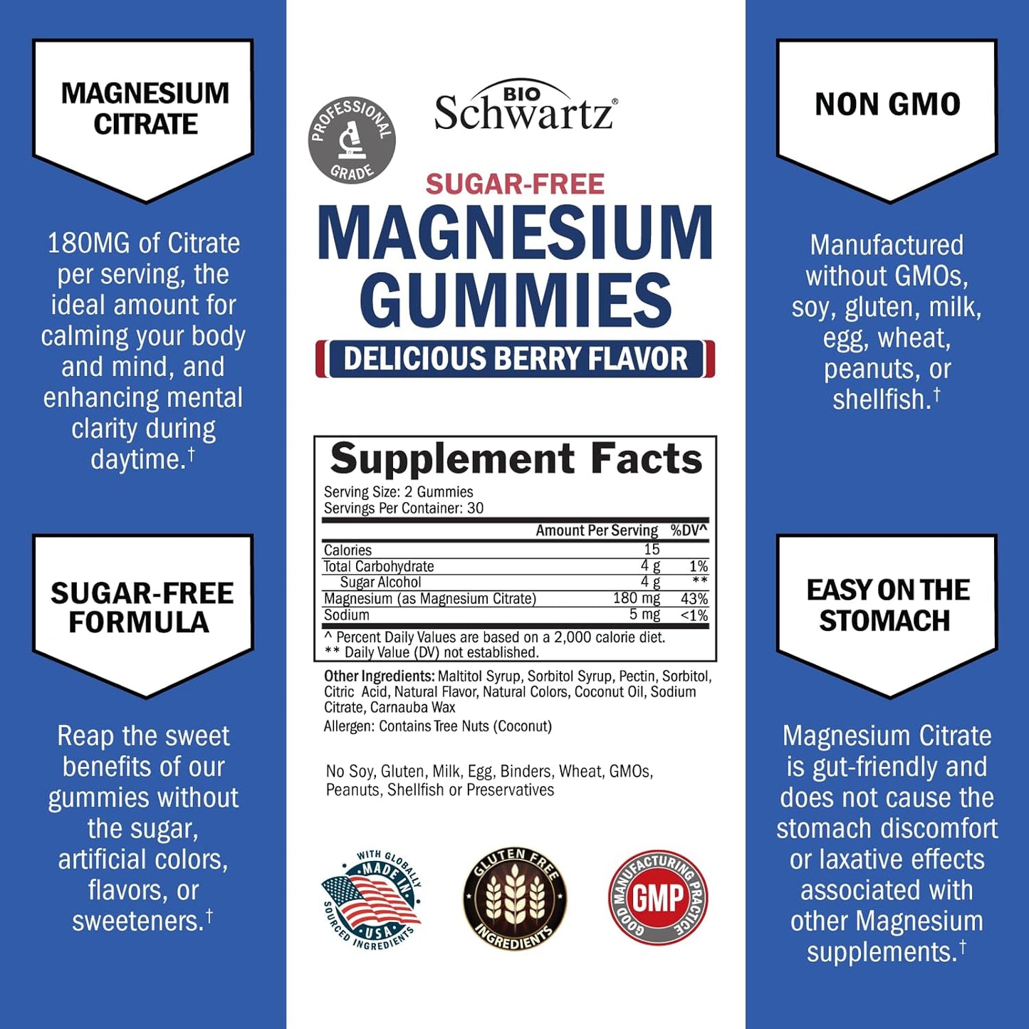 Berry Flavored Sugar-Free Magnesium Gummies - Supports Nerves, Muscles, Energy, and Sleep - 60 Gummies (Vegan, Non-GMO)
