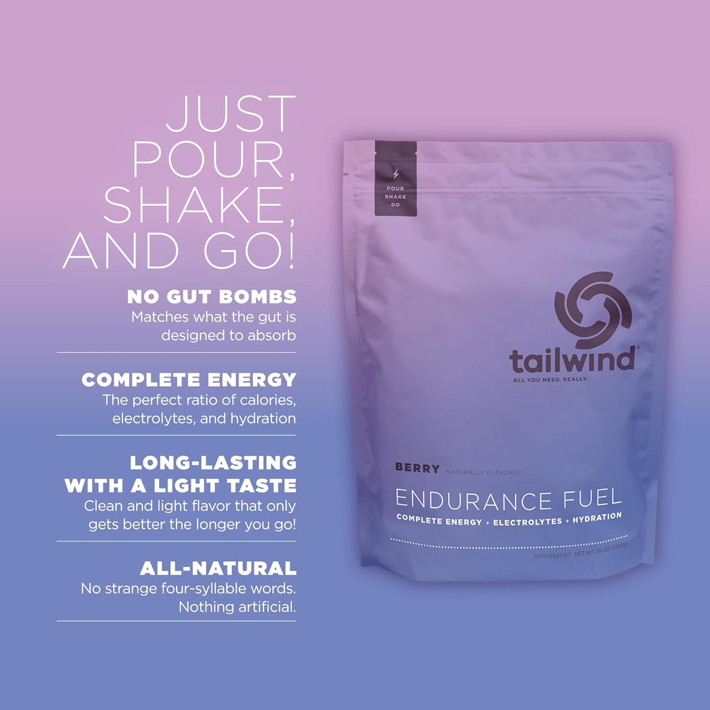 Berry Flavored Tailwind Nutrition Electrolyte Hydration Sports Drink Mix Powder - Gluten-Free & Vegan - 50 Servings