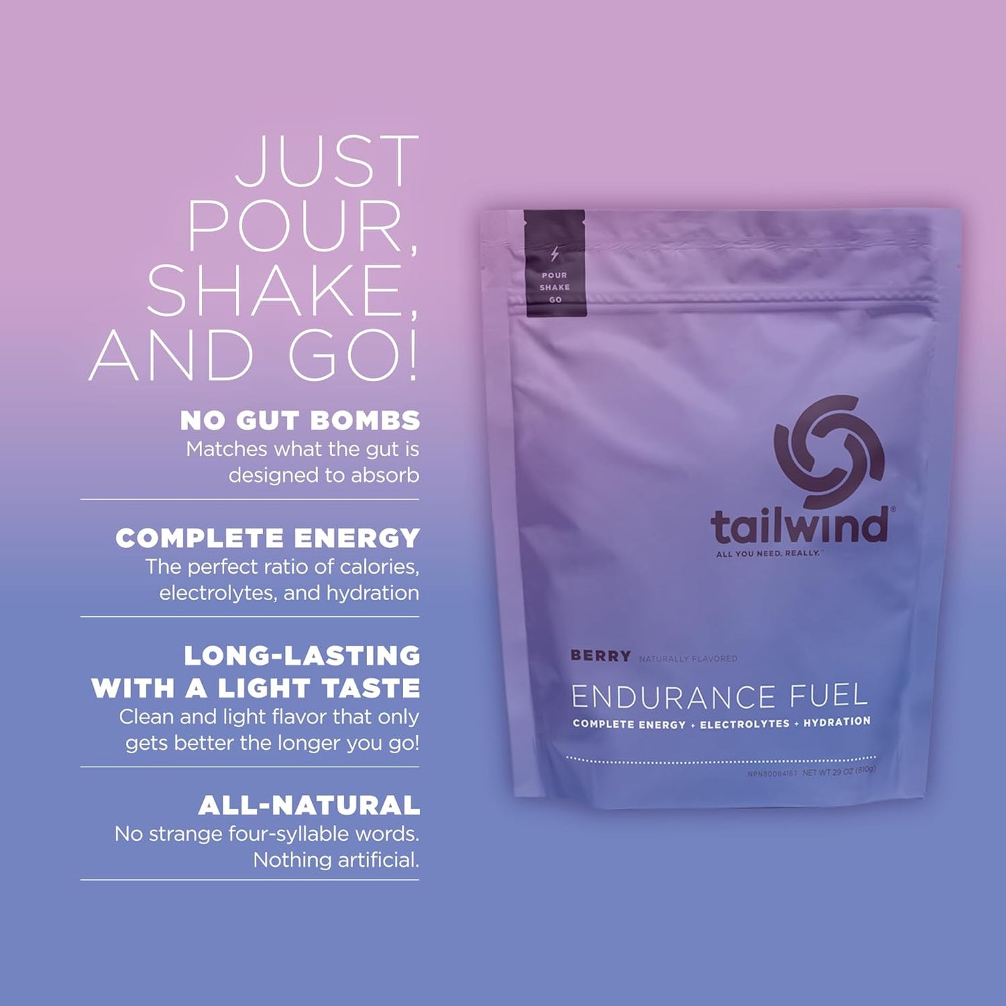 Berry Flavored Tailwind Nutrition Endurance Fuel Powder - 30 Servings, Gluten-Free & Vegan Electrolyte Sports Drink Mix