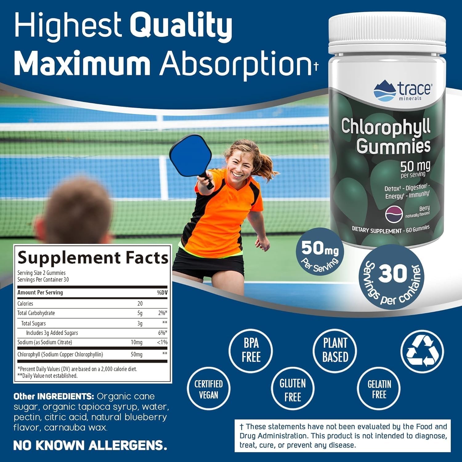 Berry Flavored Trace Minerals Chlorophyll Gummies, 100mg - Promotes Digestive, Immune & Skin Health - Natural Energy & Cell Function Support - High Absorption, 60 Gummies