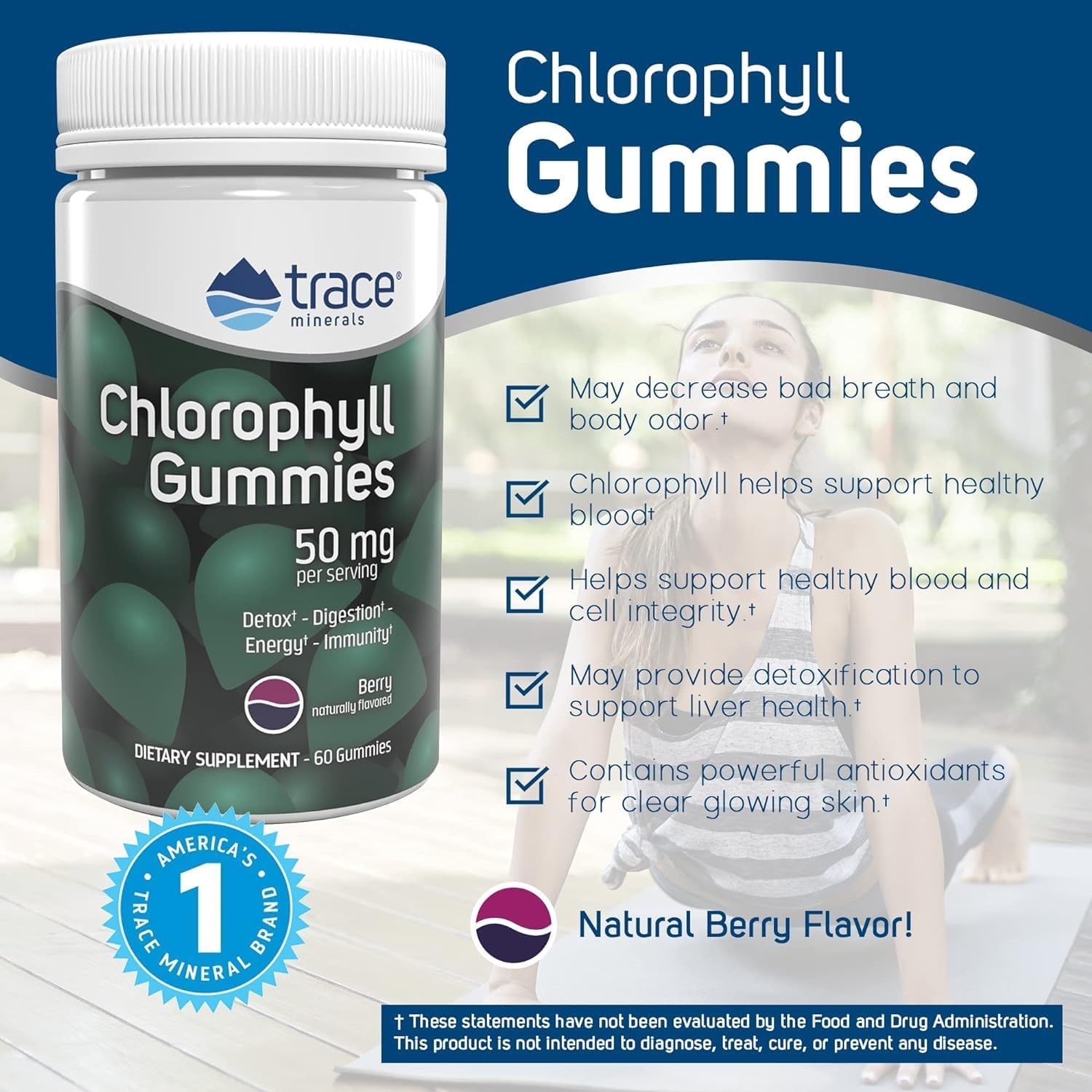 Berry Flavored Trace Minerals Chlorophyll Gummies, 100mg - Promotes Digestive, Immune & Skin Health - Natural Energy & Cell Function Support - High Absorption, 60 Gummies