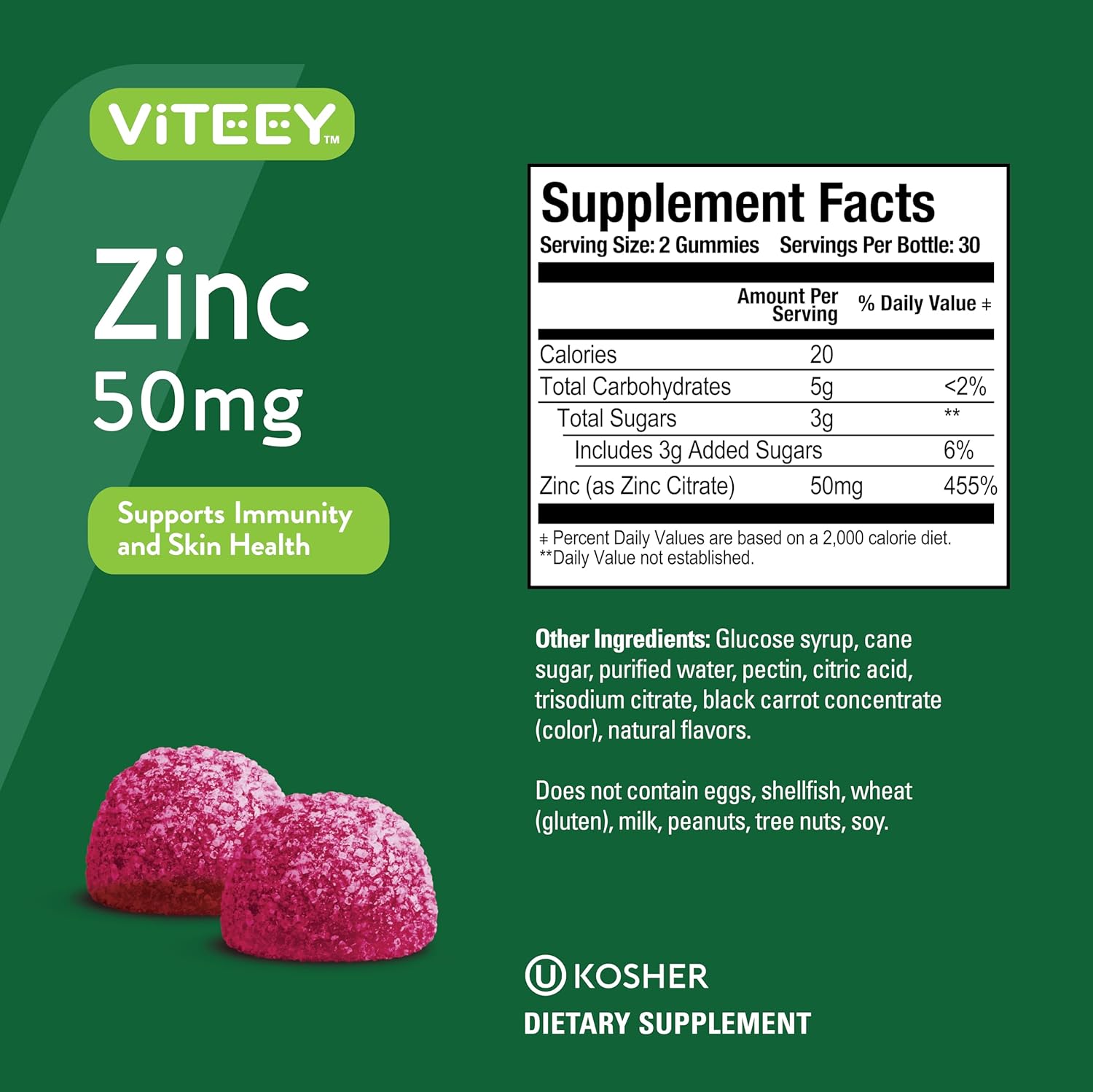 Berry Flavored Zinc Gummies - 50mg - Immune & Antioxidant Support for Adults & Teens - Vegan & GMO Free Chewable Supplement