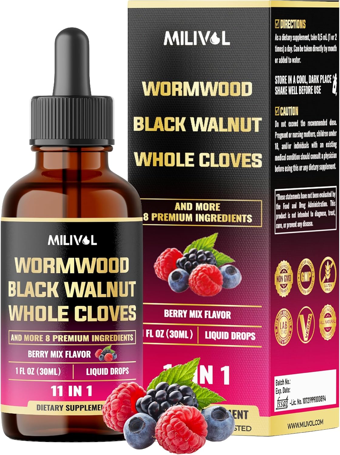 Berry Mix MILIVOL 11-in-1 Black Walnut Wormwood Tincture Extract with Cloves, Berberine - 2 Months Supply - 1 Fl Oz