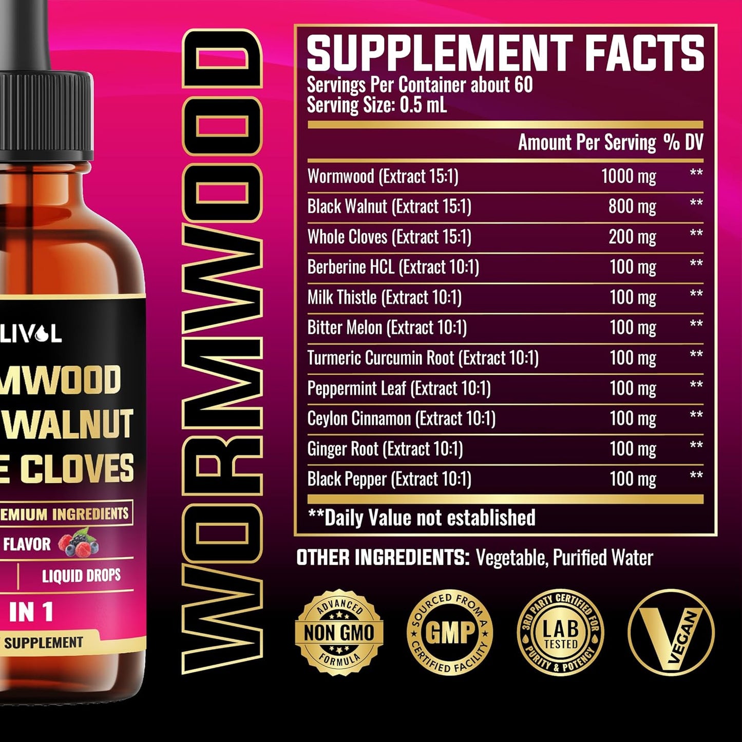 Berry Mix MILIVOL 11-in-1 Black Walnut Wormwood Tincture Extract with Cloves, Berberine - 2 Months Supply - 1 Fl Oz