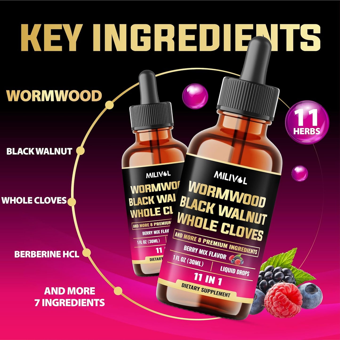 Berry Mix MILIVOL 11-in-1 Black Walnut Wormwood Tincture Extract with Cloves, Berberine - 2 Months Supply - 1 Fl Oz