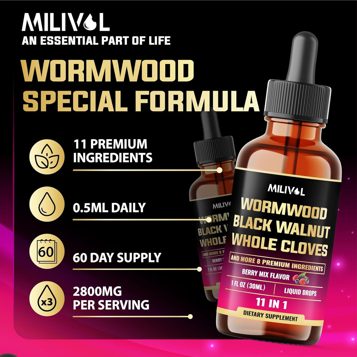 Berry Mix MILIVOL 11-in-1 Black Walnut Wormwood Tincture Extract with Cloves, Berberine - 2 Months Supply - 1 Fl Oz