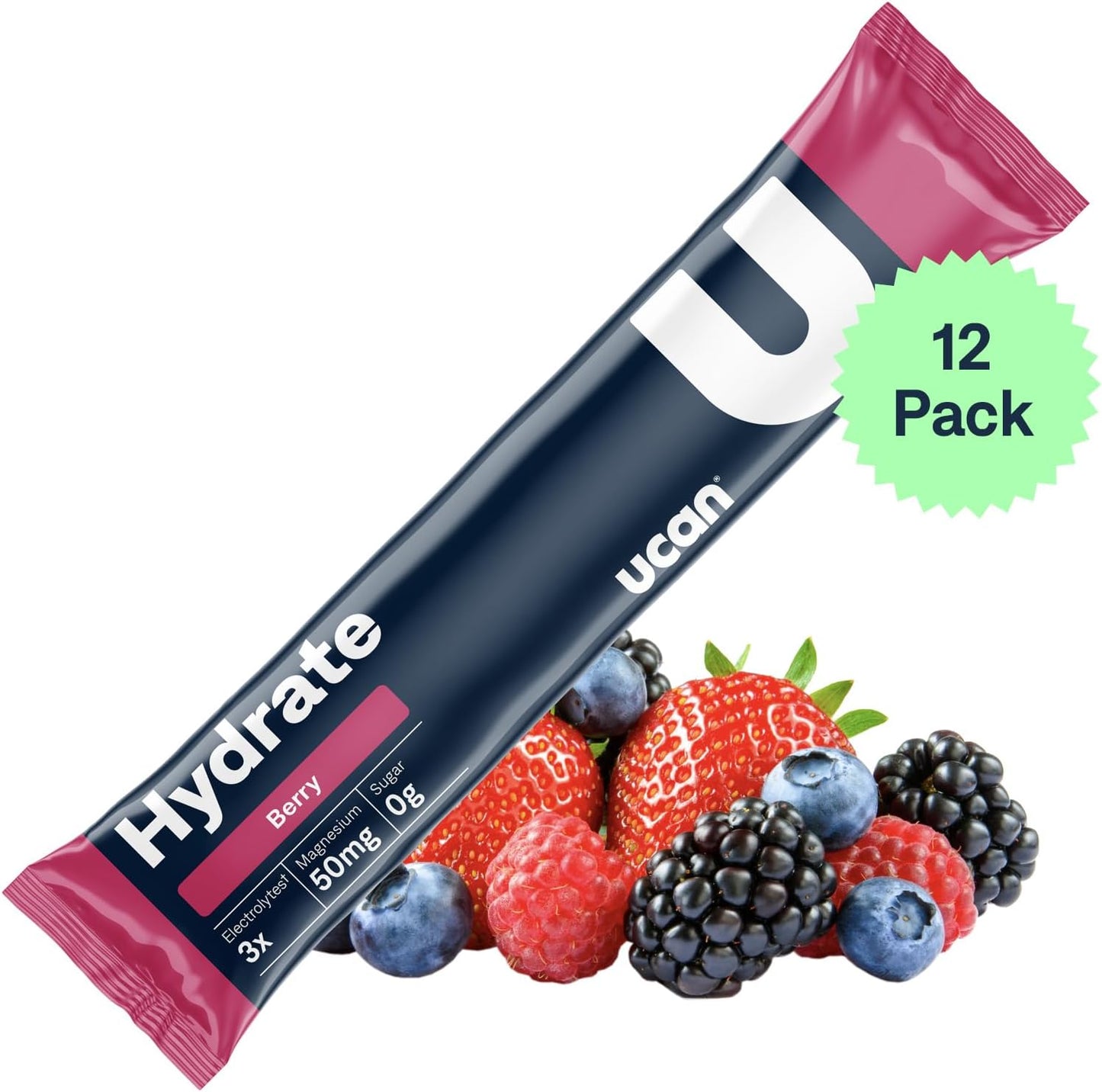 Berry UCAN Hydrate Electrolyte Drink Mix - 12 Stickpacks, Sugar-Free, Keto, Vegan, Non-GMO, Gluten-Free - Potassium & Magnesium for Runners & Athletes