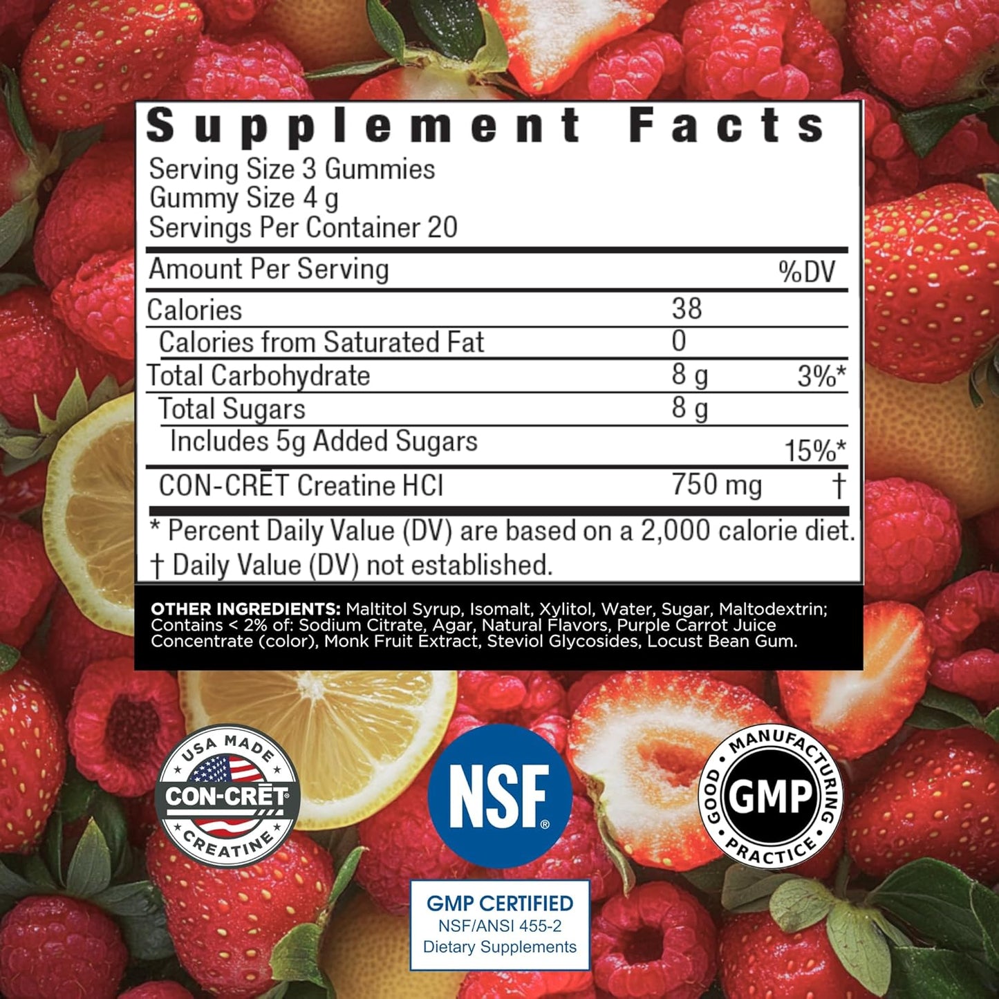 Berry Zing Con-Cret Creatine HCl Gummies - Muscle, Cognitive, & Cellular Energy Support for Men & Women - 60 Count - No Bloating or Cramps - USA Made