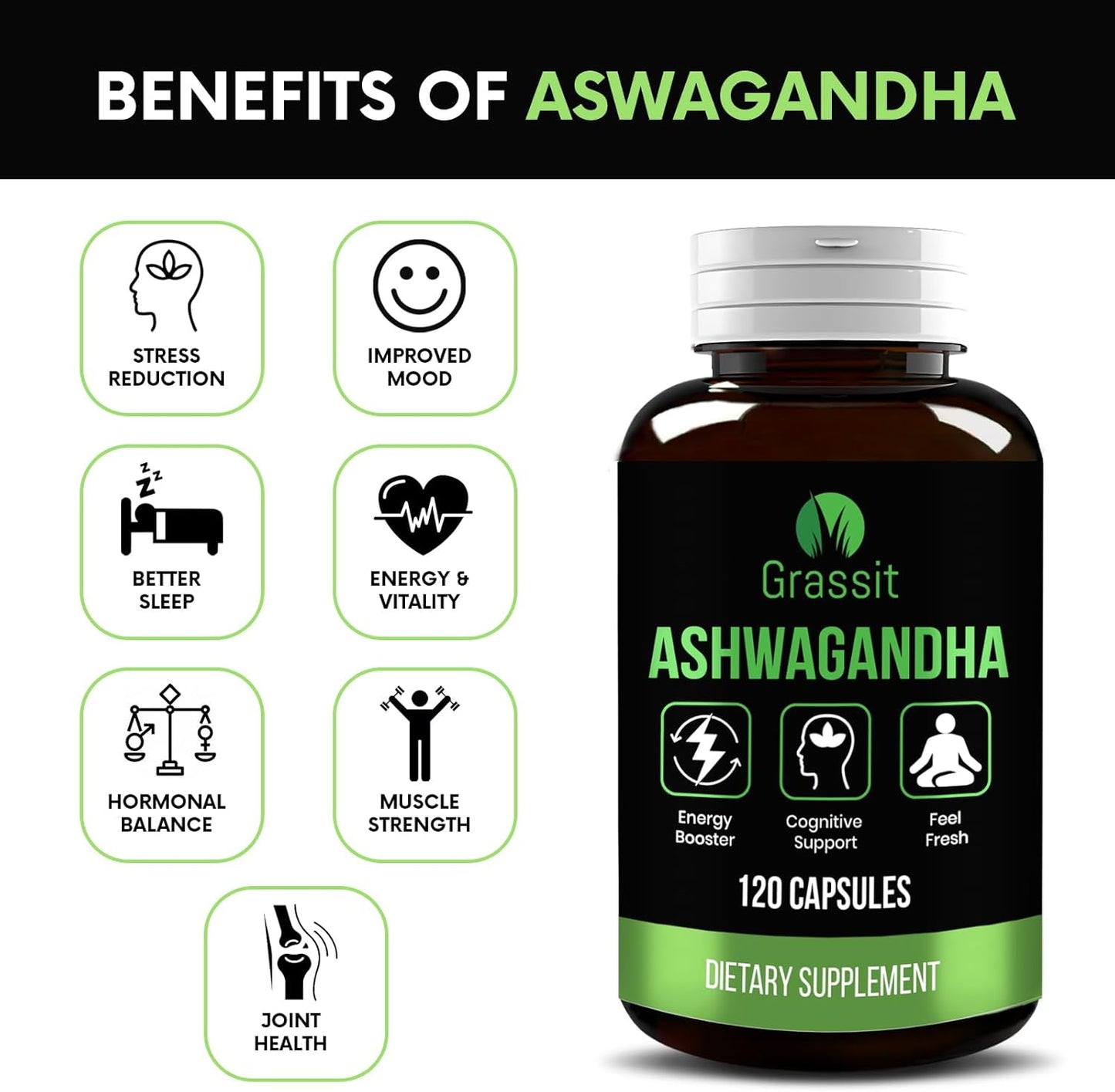 Best Naturals Grassit Ashwagandha Supplement 500mg/120 Capsules for Overall Health and Wellness