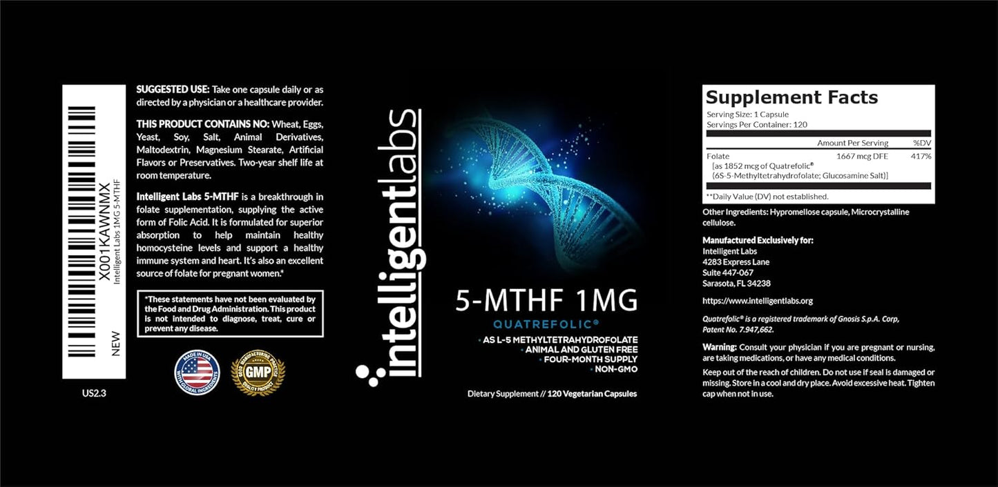 Best Value 5-MTHF Methylfolate Supplement 1MG - 120 Capsules, 4 Months Supply - Activated Folate - Quatrefolic Acid - 1000mcg Folic Acid