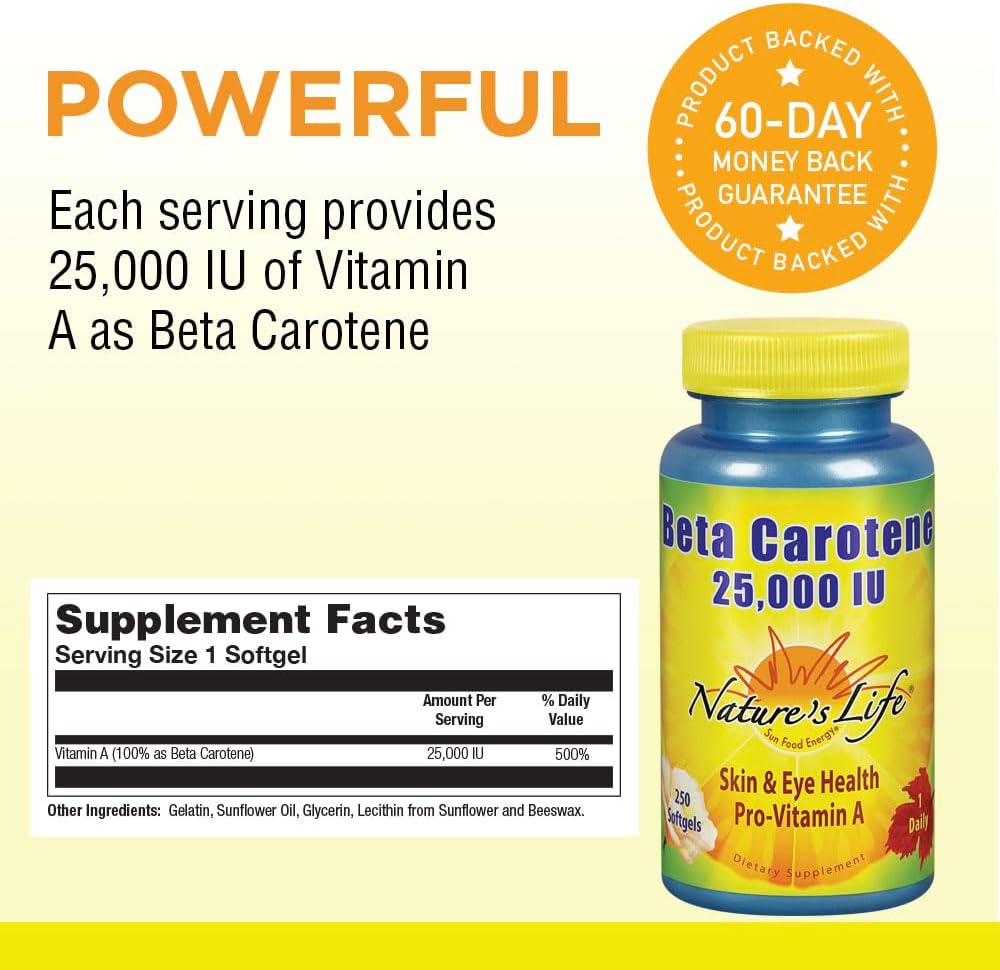 Beta Carotene 25,000 IU Softgels for Healthy Immune Function, Skin & Eye Health | Antioxidant Supplement | 250 Count