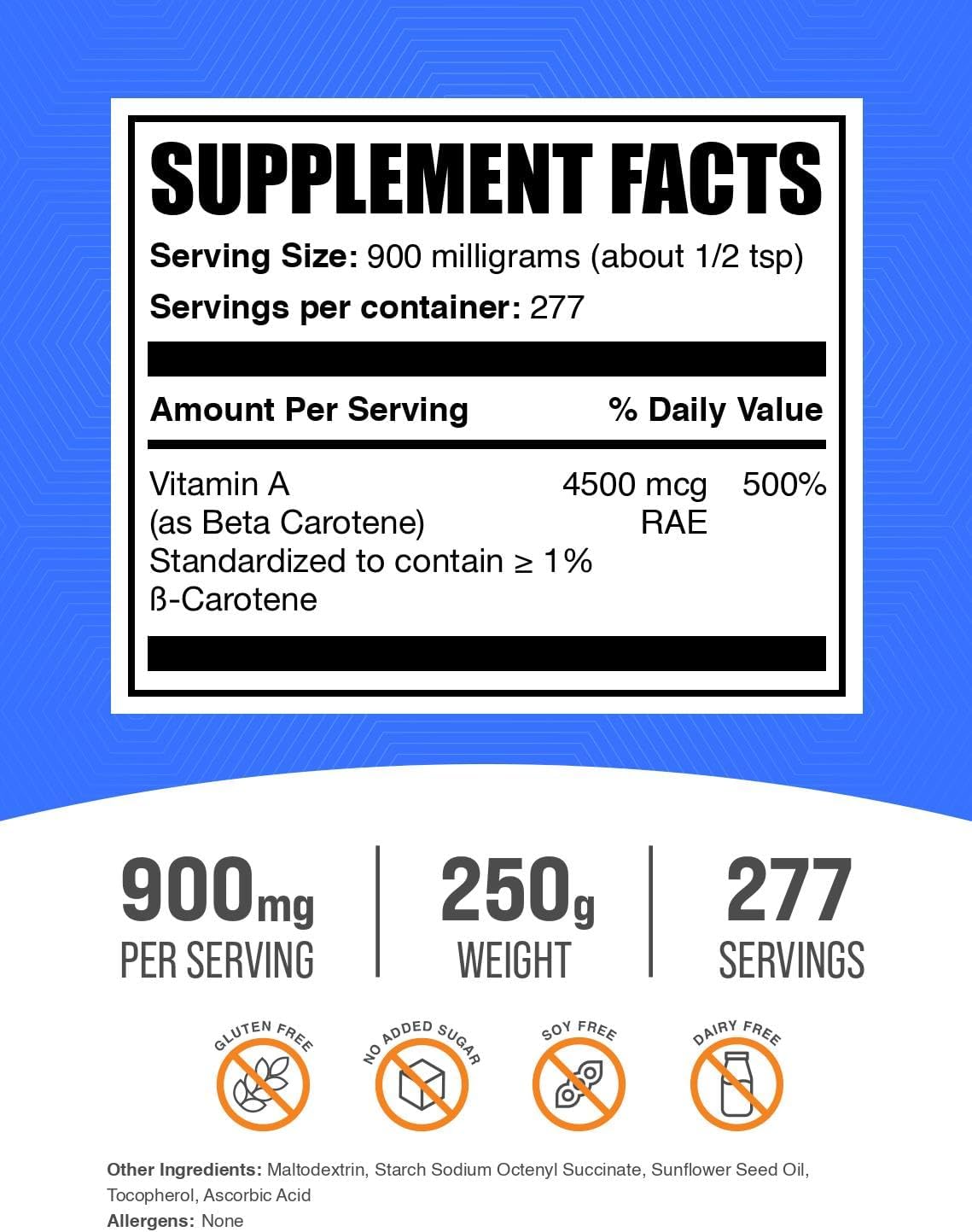 Beta Carotene Powder 900mg - Immune & Eye Support Supplements - Gluten Free - 250g (8.8 oz) - Pack of 1