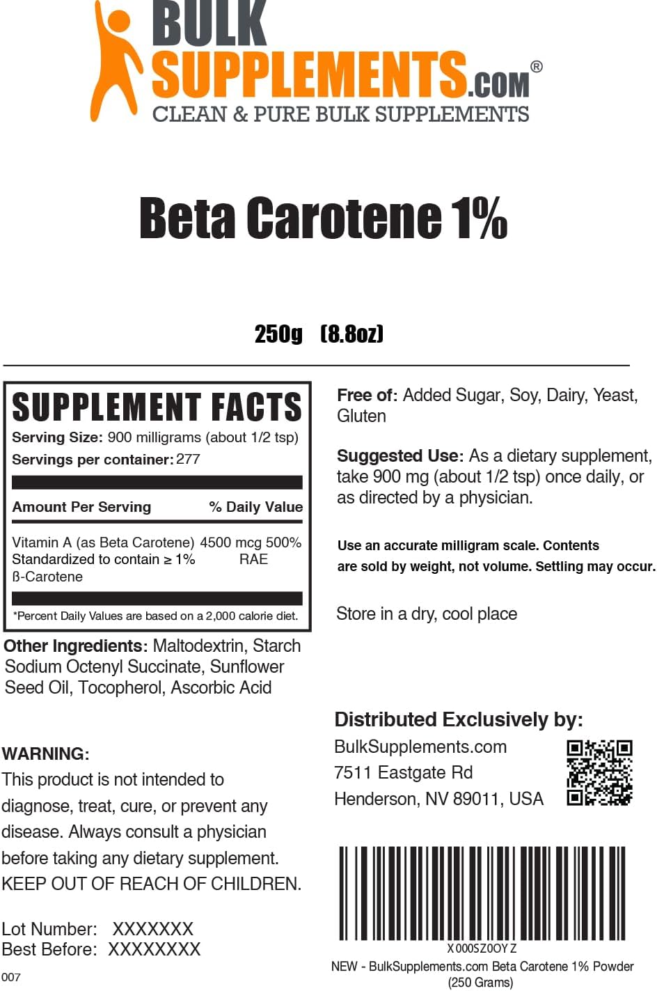 Beta Carotene Powder 900mg - Immune & Eye Support Supplements - Gluten Free - 250g (8.8 oz) - Pack of 1